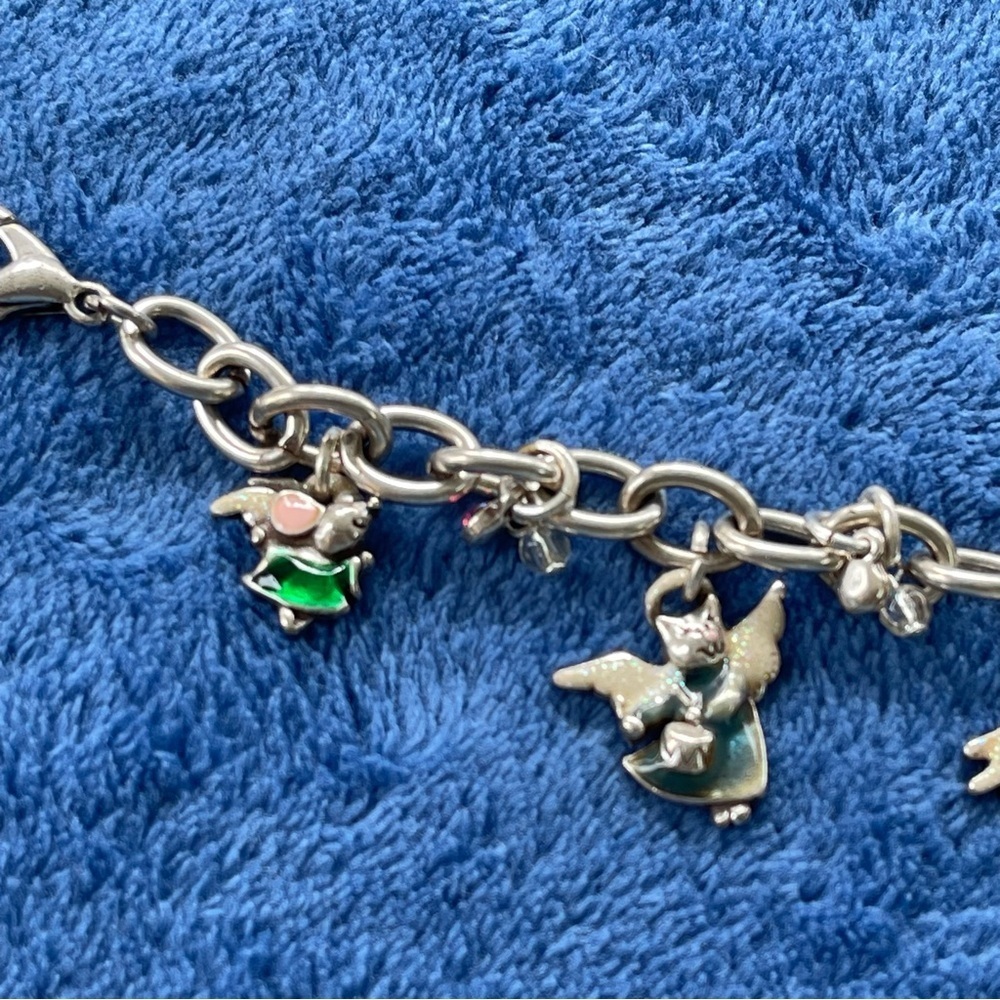 Vintage Enameled Cat Angels Dangle Charms Silver Bracelet  With Crystals - Picture 2 of 6